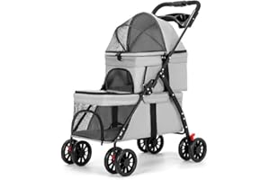 YYW Double Pet Stroller for Small Cats and Dogs, Foldable Kittens Puppies Travel Strolling Cart with 2 Carriages, Cup Holder & Lockable Wheels, Ideal for Multi-Pet Families(Gray)
