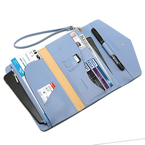 Krosslon Rfid Passport Holder Wristlet Travel Wallet Trifold Documents Organizer Slim Purse, Fit US UK CA Passport Cover Traveling Accessories for Women, Serenity Blue(12#)