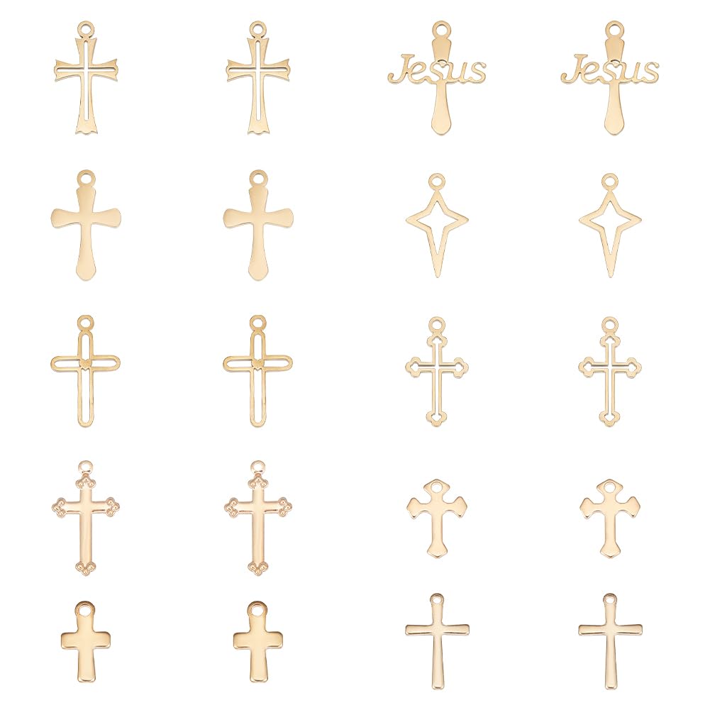 UNICRAFTALE 20Pcs 10 Style Cross Pendant Charms 304 Stainless Steel Cross Earring Pendants 12~20.5mm Long Golden Metal Cross Charms Punk Star Cross Pendants for DIY Bracelet Necklace Jewelry Making