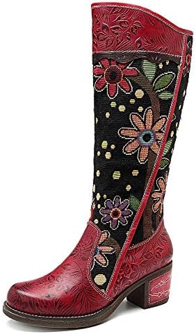 Women Cowgirl Genuine Leather Floral Splicing Jacquard Winter Knee High Boots