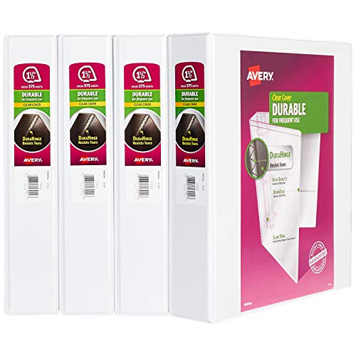 Avery 1.5" Durable View 3 Ring Binder, Slant Ring, Holds 8.5" x 11" Paper, 4 White Binders (17022)