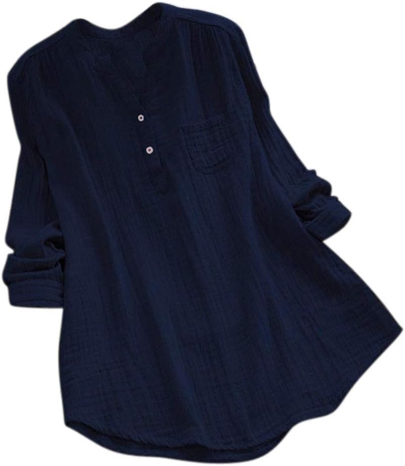 iNoDoZ Women's Stand Collar V-Neck Long Sleeve Casual Solid Loose Tunic with Pocket Tops T-Shirt Blouse