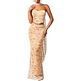 ChiaoLezhee Mesh Floor-Length Skirt-Set, Corset Tube-Top with Scarf, Semi-Formal Wedding-Guest, Strapless Bodycon Ruched Long