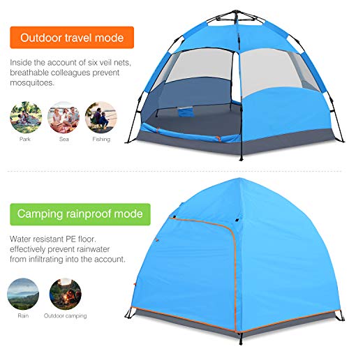 Victostar Instant Pop Up Family Camping Tent,Double Layer Waterproof 3 Season for Picnic Fishing Hiking Traveling (Blue, 4-Person) - Thumbnail 4