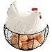 Black Metal Mesh Wire Egg Storage Basket with White Ceramic Farm Chicken Top and Handles