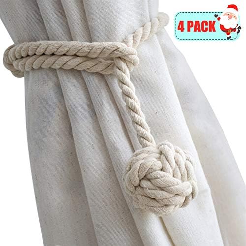 Yacolife 4 Pack Curtain Tiebacks,Handmade Natural Cotton Curtain Rope Tieback,Decorative Rope Holdbacks/Holder for Window Sheer and Blackout Panels,Beige