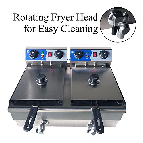 ZXMOTO 20L Commercial Double Deep Fryer Chip Chicken Frying Timer and Drain Stainless Steel