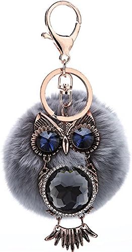 Women Crystal Rhinestone Keychain Owl Faux Rabbit Fur Pom Pom Rinestone Bag Car Charm Key Ring Pendant (C2)