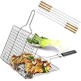 iGoods [ENLARGED]Stainless Steel BBQ Barbecue Grill Basket With Removable Wood Handle,-Grilling Basket Pan for for Fish, Vegetables-Griller Grid Grate Roast for Steak, Shrimp, Chops, BBQ Tool