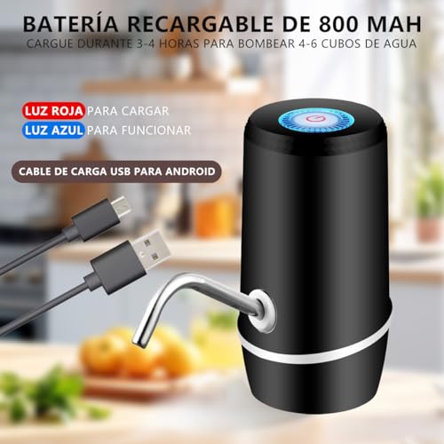 MXHIGO Dispensador de Agua Garrafon Portátil con Luz LED, Bomba de Agua de Inalámbrica Recargable, Despachador de Agua Automático Rápido para Botellas de Galón de 4.5L a 20L para el Hogar, la Oficina