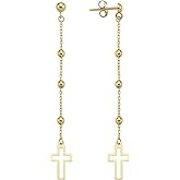 MIONZA 14K Gold Plated Cross Stud Earrings for Women, Dainty Drop Chain Dangle Earrings, Religious Jewelry Gift for Her