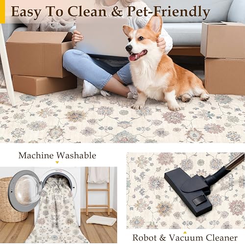 PureCozy Rugs Living Room 200x300cm Beige Washable Non Slip Large Vintage Area Bedroom Rug Bedside Nursery Lounge Office Playroom Indoor Big Carpet Low Pile Carpets Retro