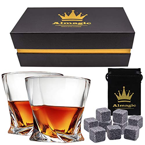 Almagic Whiskey Glass Set of 2 Lead Free Crystal Old Fashioned Glass 10oz for Scotch or Bourbon Gift Boxed (Free 9 Granite Chilling Whiskey Stones + Velvet Bag) - Thumbnail 6