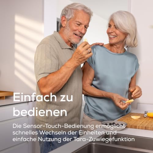 KS 19 Pure White digitale Küchenwaage, Tragkraft bis zu 5 kg (1-g-genaue Einteilung), Haushaltswaage mit Sensor-Touch, Lebensmittelwaage inkl. Batterien, ultraflaches Design, weiß