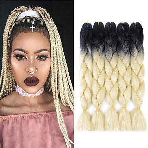 Roys hair Ombre Braiding Hair Extensions 24 inch 5Pcs/Lot High Temperature Kanekalon Fiber Braiding Hair Synthetic Jumbo Braid Hair for Twist Crochet (Black-Blonde)