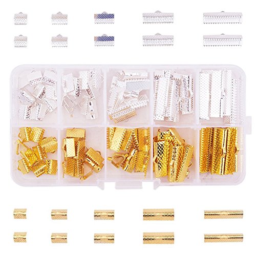 PandaHall Elite 1 Box 100Pcs Assorted Sizes of Mixed Color Ribbon Clamp End Crimps Sets Size 8-25x6-8x5mm in Box for Jewelry Making