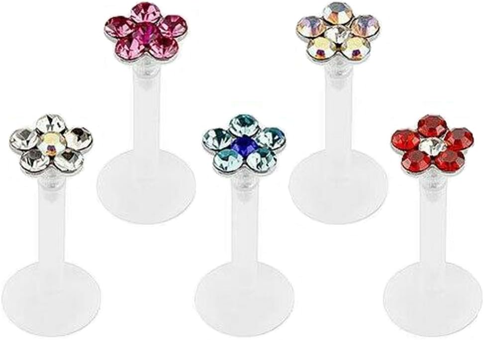 Bioflex Bioplast Retainer Labrets 8mm x 1.2mm 16GA Thick With 2mm Crystal Flower Gem Push In Top Suitable For Lip, Cheek, Earring, Monroe, Helix, Tragus and Cartilage Piercings Flexible Comfortable