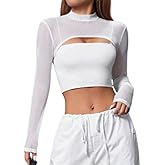 Amazleer Mesh Crop Tops for Women Mock Neck Long Sleeve Crop Top See Through Shirt Top Sexy Clubwear