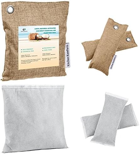 Kitchen Komforts Air Purifying Bag, 3 Pack Natural Activated Coconut Charcoal Air Freshener Bag Odor Eliminator with 3 Pack Replacement Inner Bags for Home, Shoes & Car