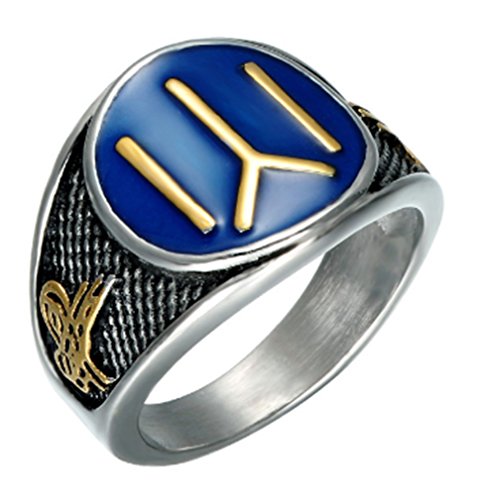 AccessCube Trendy Kayi Obasi Flag Ottoman Empire Ring Stainless Steel Ring Orc Axe Ottomans Seal Kayi Ertugrul Ring (Blue/Silver, 9)