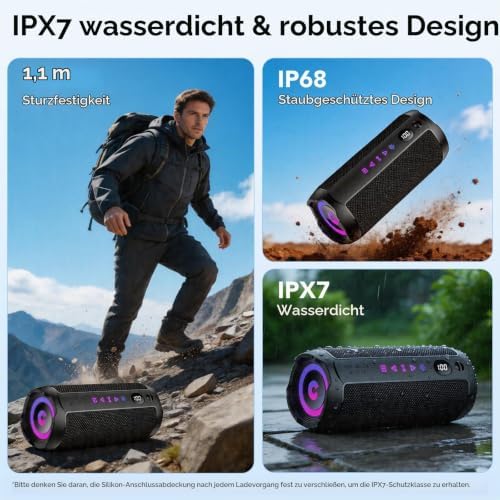 Bluetooth Lautsprecher mit Licht, Bluetooth 5.4 Musikbox,25W Dual Lautsprecher, LED Anzeige & 25 Std Akku,Dualen Bass-Treibern, IPX7 wasserdicht,TWS Paarung, AUX,TF Karte,Geeignet Outdoor/Party