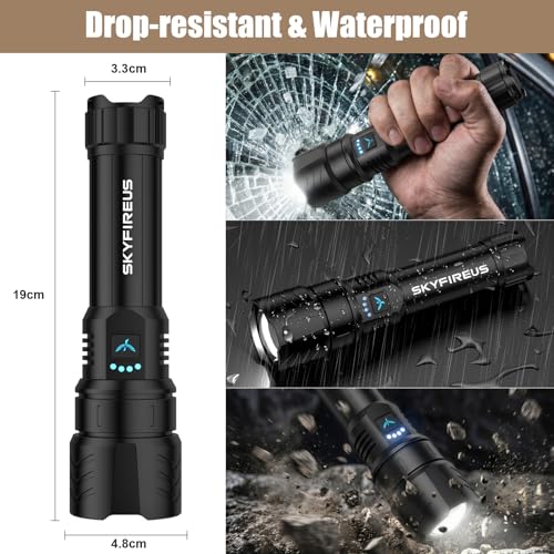 SKYFIRE High Power LED Flashlights 900000 Lumens, USB Rechargeable LED Flashlight, Powerful Flashlight with Ignition Lens, Tactical Flashlight 4 Modes for Emergencies/Camping/Hiking