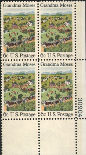 #1370 - 1969 6c Grandma Moses Postage Stamp Numbered Plate Block (4)
