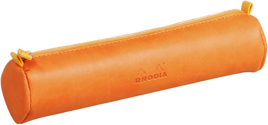 RHODIA 318994C, Rhodiarama Tangerine Round Pencil Case, 21.5 x 5.5 cm, Genuine Orange Stitching, Ivory Jersey Interior