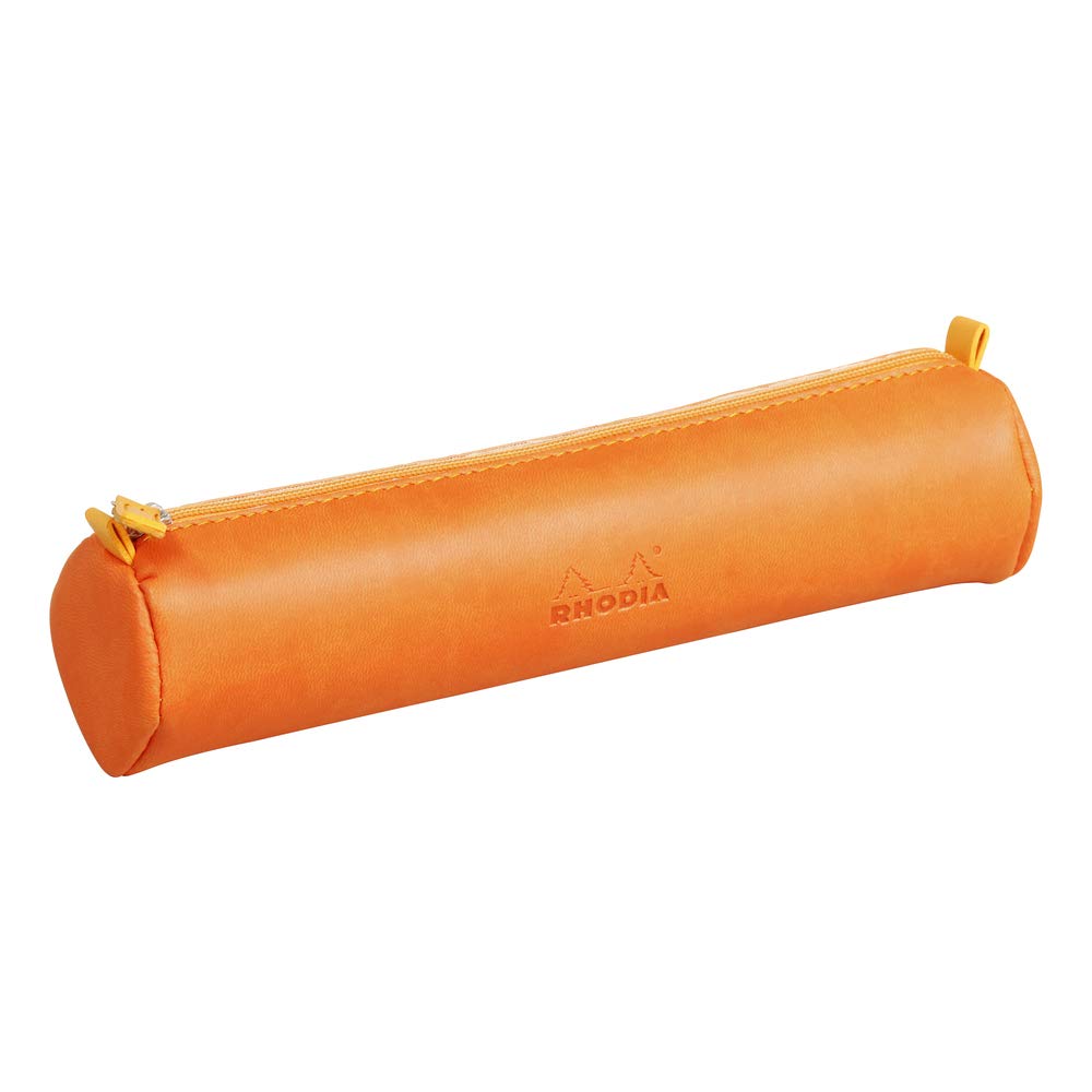 RHODIA 318994C - Rhodiarama Tangerine Round Pencil Case - 21.5 x 5.5 cm - Genuine Orange Stitching - Ivory Jersey Interior - Faux Leather - Storage for Pens, Pencils, Markers, Small Supplies