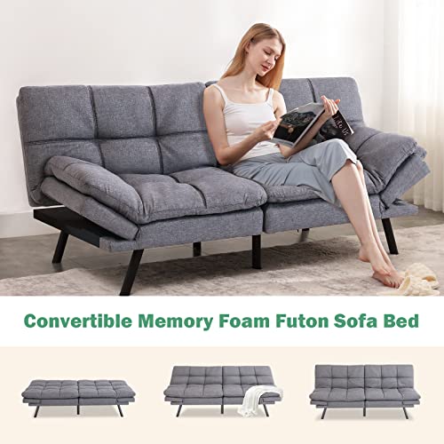 Hcore Convertible Futon Sofa BedGrey Fabric Memory Foam Loveseat,Small