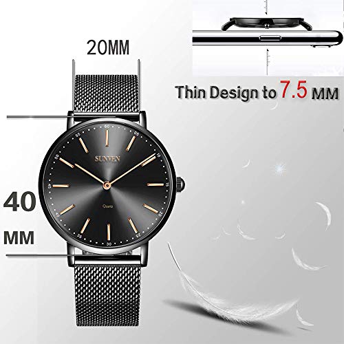 Mens Watches Steel Waterproof Quartz - SUNVEN Super Thin Slim Big Case 47mm for European Size Stainless Steel Strap Analog Gift Adjust Bracelet Tool (47, Black)