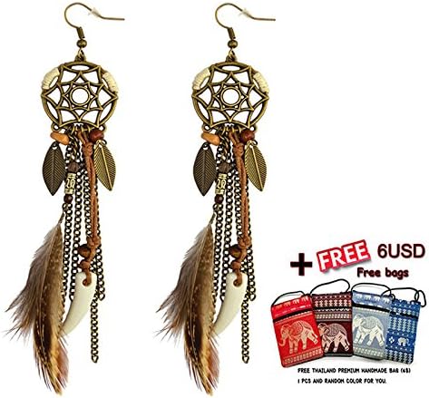 Earring Dreamcatcher Handmade Dream Catcher Net With Feathers Decoration+Free Thailand Hand Bag ( St-Earring+Bag)