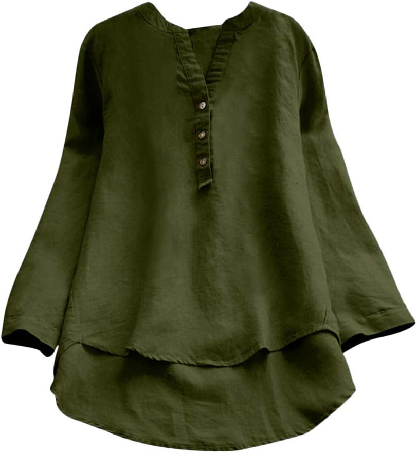 Womens Blouse Long Sleeve Vintage Loose Button Solid Tops Shirt Pullover