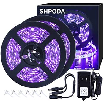 SHPODA 33ft LED UV Black Light Strip Kit,600 Units UV Lamp Beads,385nm-400nm,12V Flexible Blacklight Fixtures,10M LED Ribbon,Non-Waterproof for Indoor,Birthday,Wedding,Dark Party