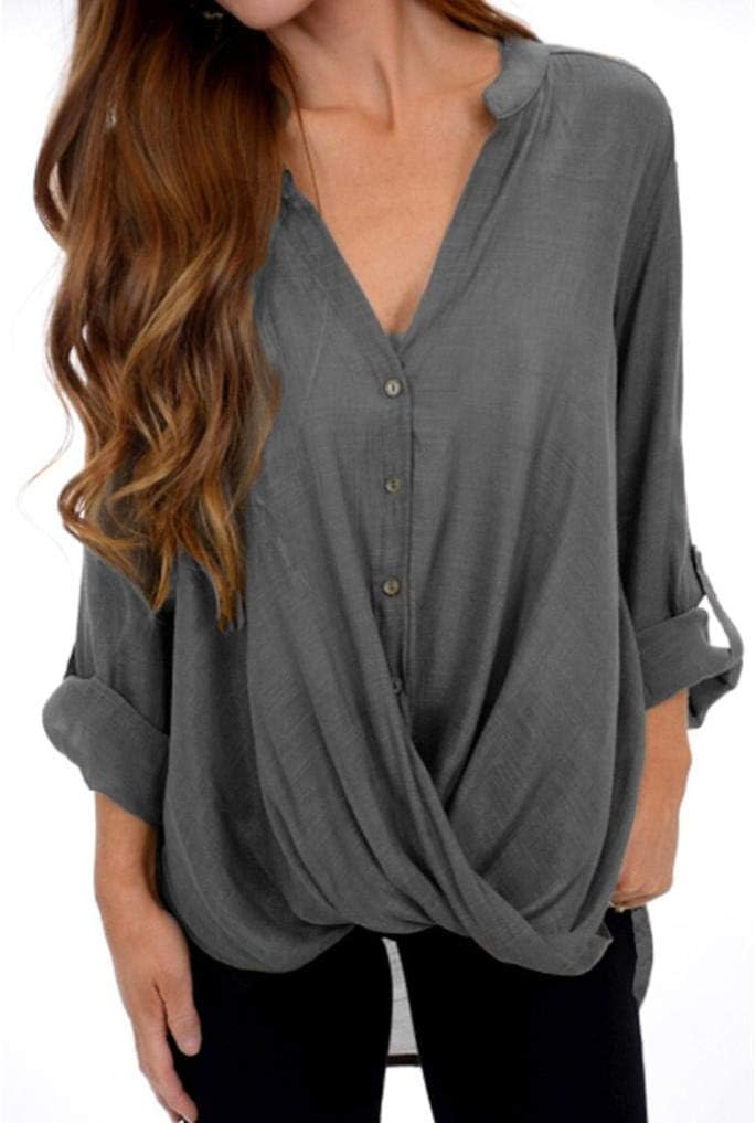 iDWZA Women Casual Solid Color Button Tops Hem Irregular Long Blouses Shirt