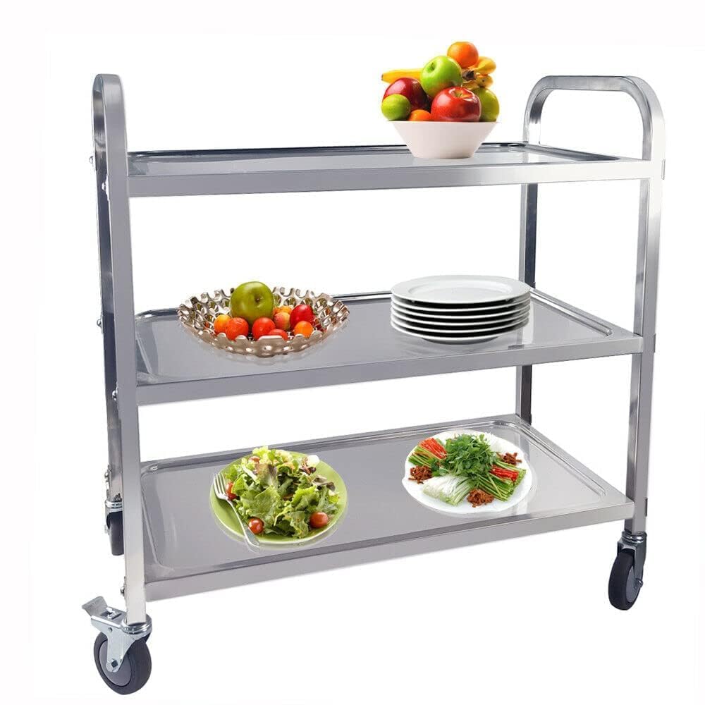 TAIMIKO 3-Tier Stainless Steel Utility Cart - Kitchen Rolling Storage Trolley, Catering Restaurants Serving Trolley with Locking Wheels, For Garage, Restaurants, Hotels, Size: 950x500x950mm