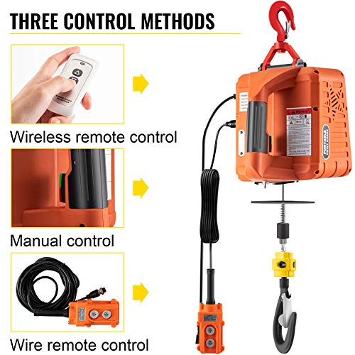 VEVOR 3-in-1 Hoist, 1100lbs Portable Electric, 1500W 110V Power Winch Crane, 25ft Height, w/Wire and Wireless Remote Control, Overload Protection for Lifting Towing, Orange - Image 4