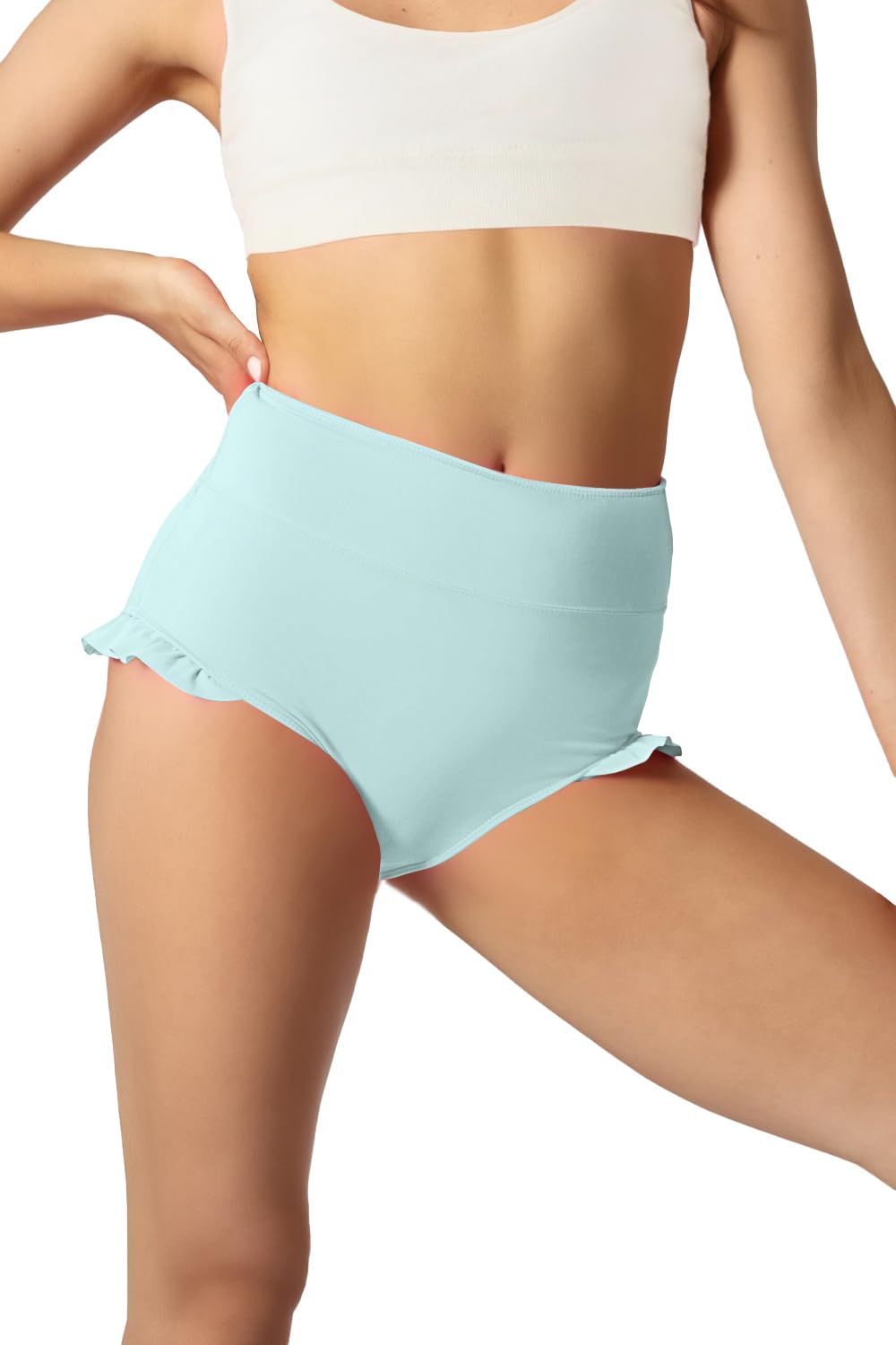 Photo 1 of Haloumoning Girls Athletic Ruffle Shorts High Waisted Yoga Dance Shorts Comfy Gymnastics Shorts Briefs 4-14Y Turquoise