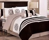 7-Pieces Embroidery Medallion Comforter Set Bed-In-A-Bag Queen Black, Taupe, White