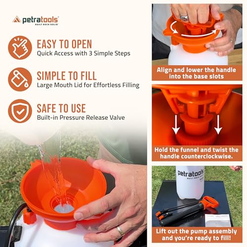 PetraTools HD101 Garden Pump Sprayer, 52-in Long Hose & 2 Nozzles, 1 Gallon | Weed Sprayer 1 Gallon w/ Easy Carry Handle & Built-In Filters - For Watering, Fertilizing, Rock Glue, Mulch Glue Applications