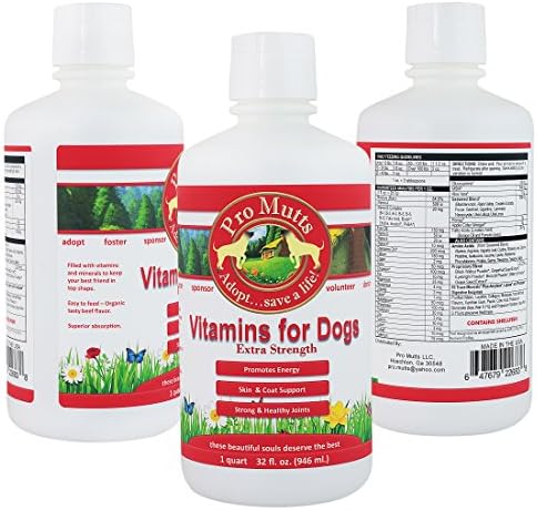 Pro Mutts Liquid Vitamins for Dogs. 32 fl oz. Vitamins, Minerals, Essential Fatty Acids, 63 Trace Minerals, Digestive Enzymes, Ester-C, Q10, Glucosamine, MSM, Seaweed Blend for Excellent Health.