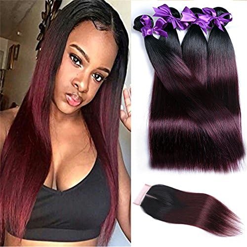 Ombre Brazilian Hair Weave 4 Bundles With Closure 1B Purple Red/Burgundy Color Remy Hair Extension 8A Ombre Straight Virgin Human Hair Weft (10 12 14 16+10)