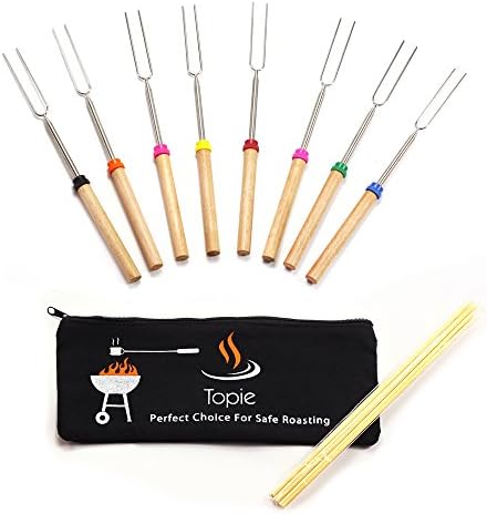TOPIE Marshmallow Roasting Sticks Set of 8 Stainless Steel Telescoping Smores Skewers &amp; Hot Dog Forks 32 Inch BBQ Accessories -Fire Pit, Camping, Campfire, Bonfire &amp; Outdoor Cookware