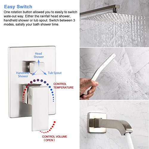 POP Bathtub Shower Faucet Set Brushed Nickel Shower System with Tub Spout 10 Inch Bathroom Rain Mixer Shower Head Set with Handheld Wall Mounted Shower Combo Set (Contain Rough-in Valve Body and Trim)