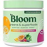 Bloom Nutrition Superfood Greens Powder, Digestive Enzymes with Probiotics and Prebiotics, Gut Health, Bloating Relief for Women, Chlorella, Juice Mix w/Beet Root Powder, 30 SVG, Orange Passionfruit