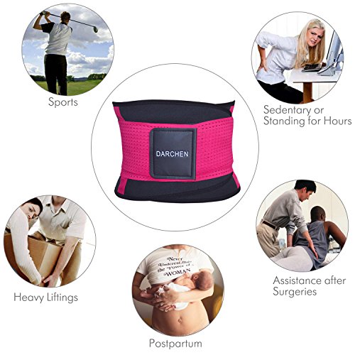 DARCHEN Lumbar Support Belt with Dual Adjustable Straps and 4 Stabilizing Bones Post Operative or Surgical Abdominal Binder Posture Corrector Back Brace for Women Men Rose Red Size M