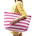Large Waterproof Striped Tote Beach Bag - Top Zipper Closure - Waterproof Lining - Tote Shoulder Bag For Gym Beach Travel (Striped Pink)