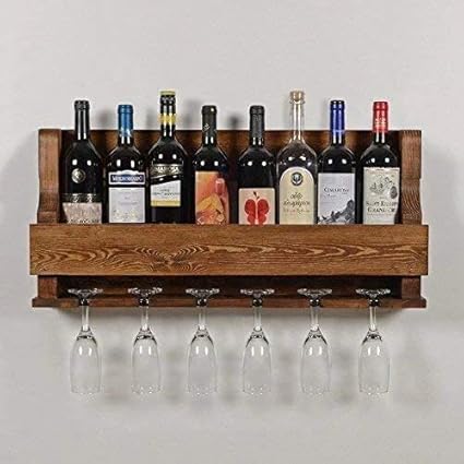 Indigo interiors Alvarado Wine Rack Gloss Holder, Wall Mounted Wine Racks, 8 Bottles, Hangers for 6 Wine Glasses (Teak)