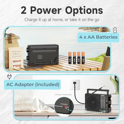 PRUNUS J-03 AM FM Radio Portable Plug in Wall or AA Battery Operated for Home/Outdoor, Large Speaker Excellent Sound, Excellent Reception 19.5 ant, Large Tuning Knobs for Easy to Use,Gifts for Seniors