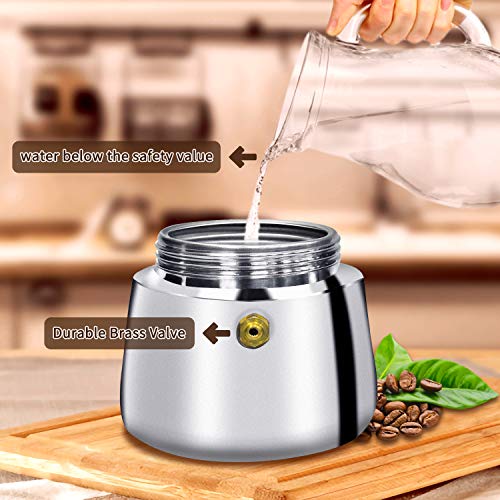 Stovetop Espresso Moka Pot Italian Coffee Maker, with Stainless Steel, 3 Coffee Scoops, 200ml/7oz/4 Cup (1 Cup=50ml)